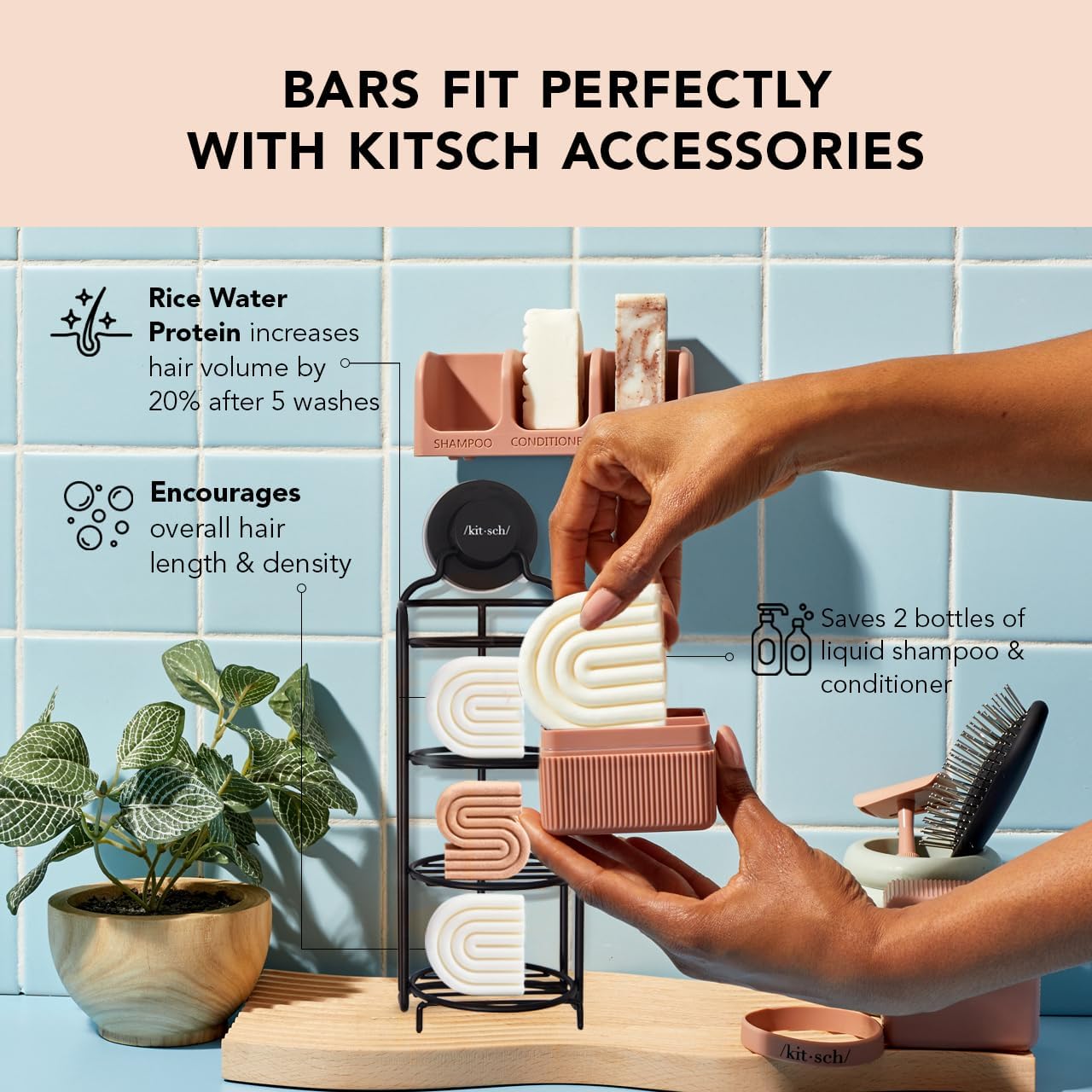 Kitsch Rice Bar Shampoo & Conditioner Set - Solid Shampoo & Conditioner Bar Set for Strengthening Hair, Paraben-Free, Rice Water Shampoo Bar & Conditioner Soap, Made in USA, 2pcs
